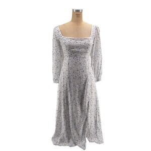 Floral Square Neck Lace Up Back Puff Sleeve Midi Dress Blue White Cottagecore